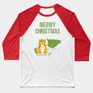 Meowy Christmas Tabby Cat Knocked Over Xmas Tree Baseball T-Shirt